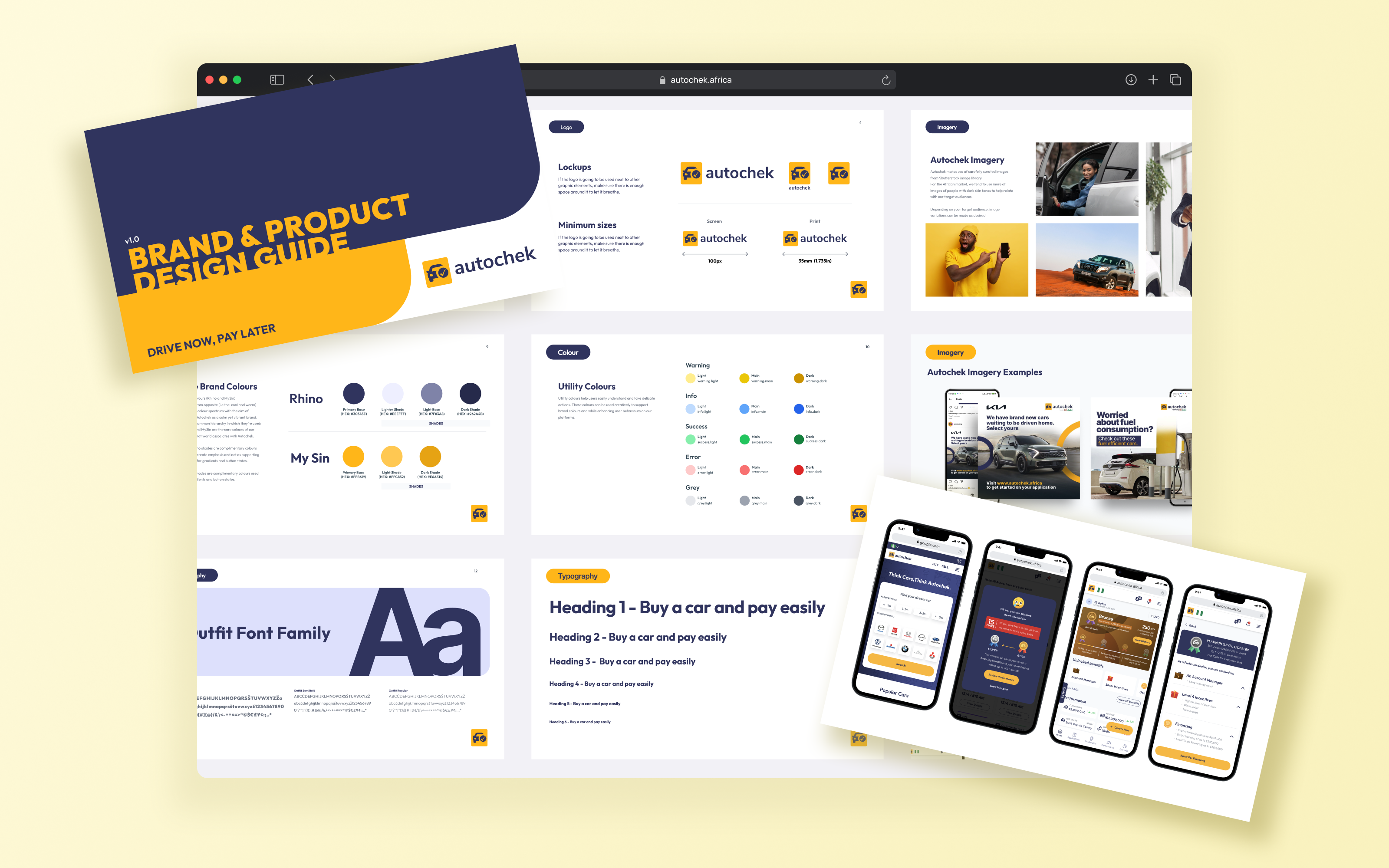 Autochek brand and product design guide with mobile interfaces on a pale yellow background