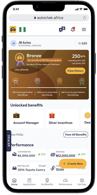 Autochek dealer dashboard showing Bronze status, points, unlocked benefits and sales performance.