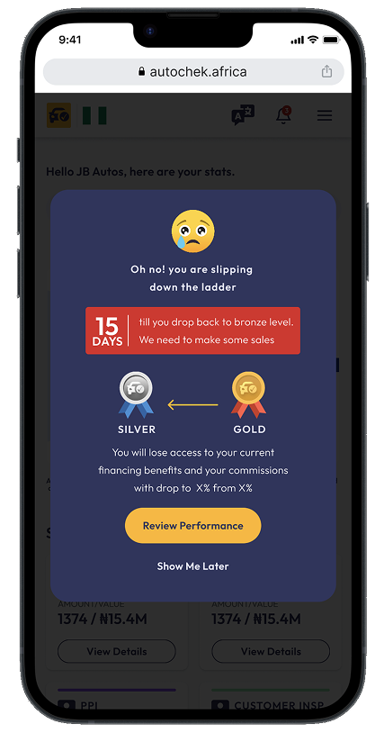 Autochek performance reminder warning a dealer about a possible level downgrade, with a Review Performance action.