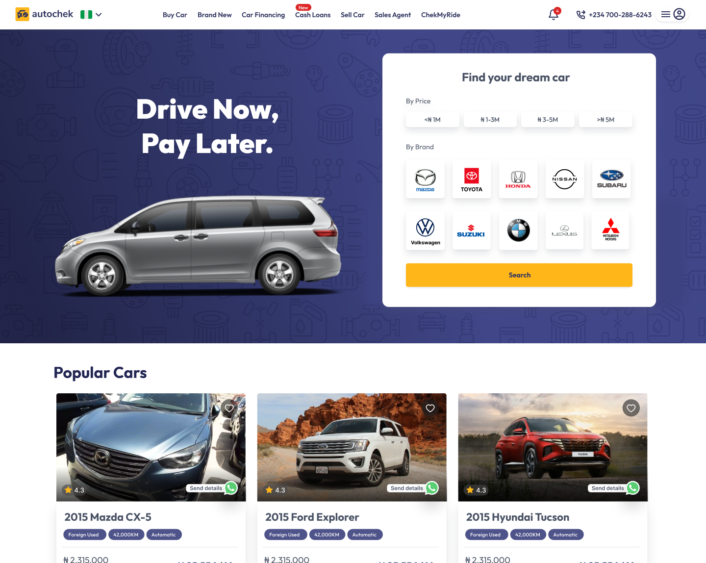 Intended Autochek marketplace homepage design, with a bold Drive Now, Pay Later headline, four price filters and three popular car cards.