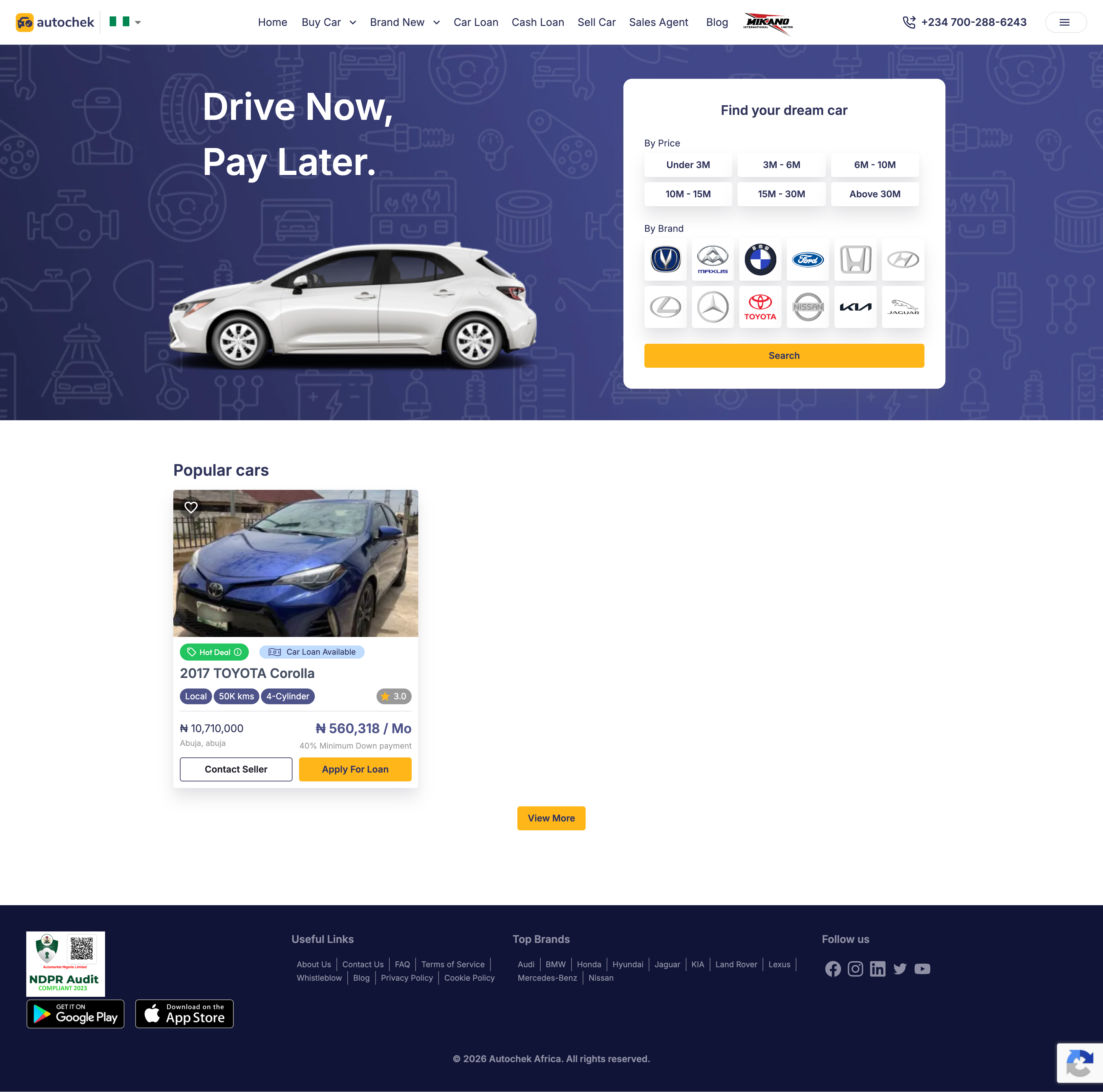 Live Autochek marketplace homepage showing six price filters and a popular car listing.