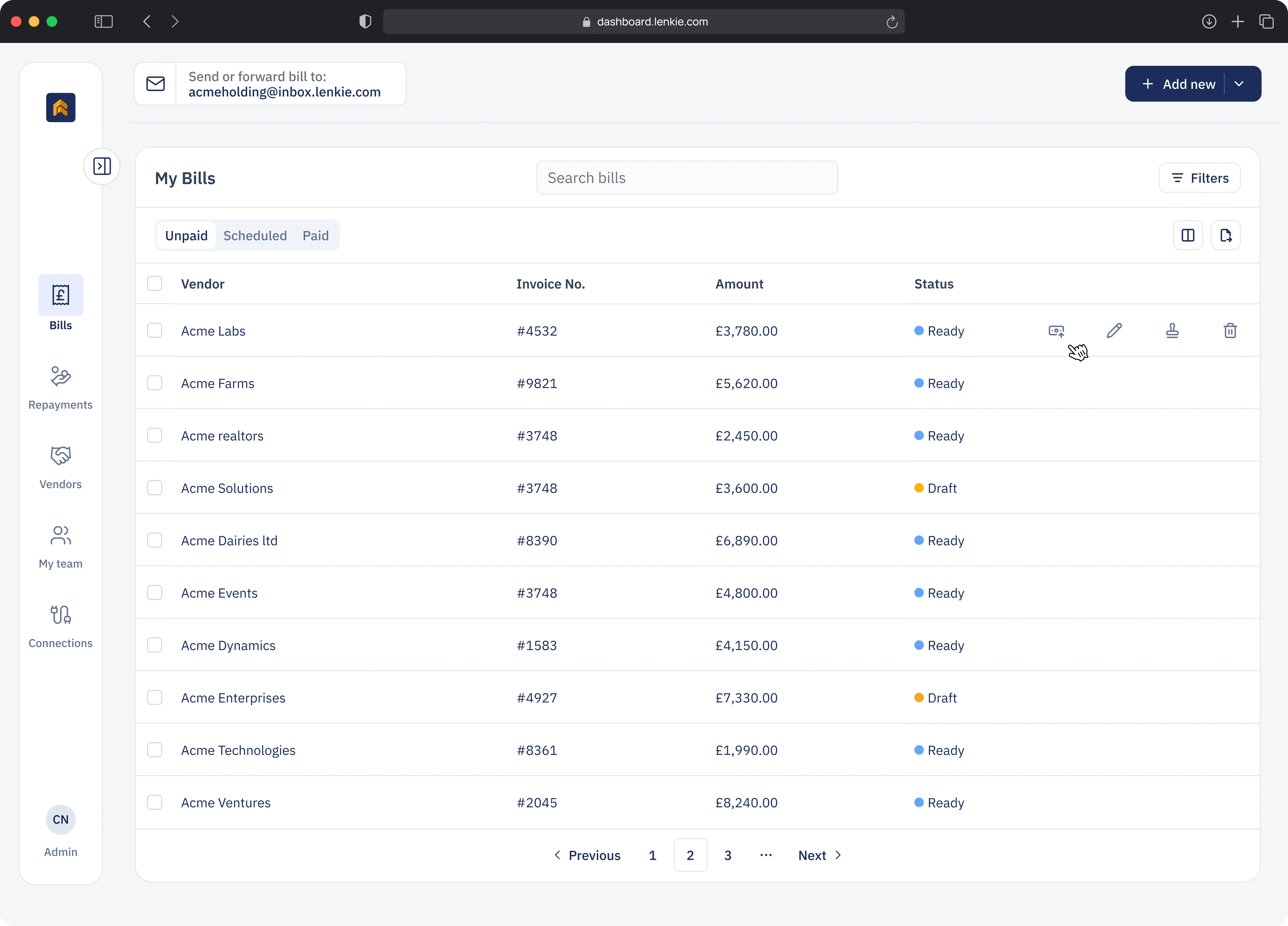 Bill statuses and inline payment, edit, approval and delete actions revealed on hover