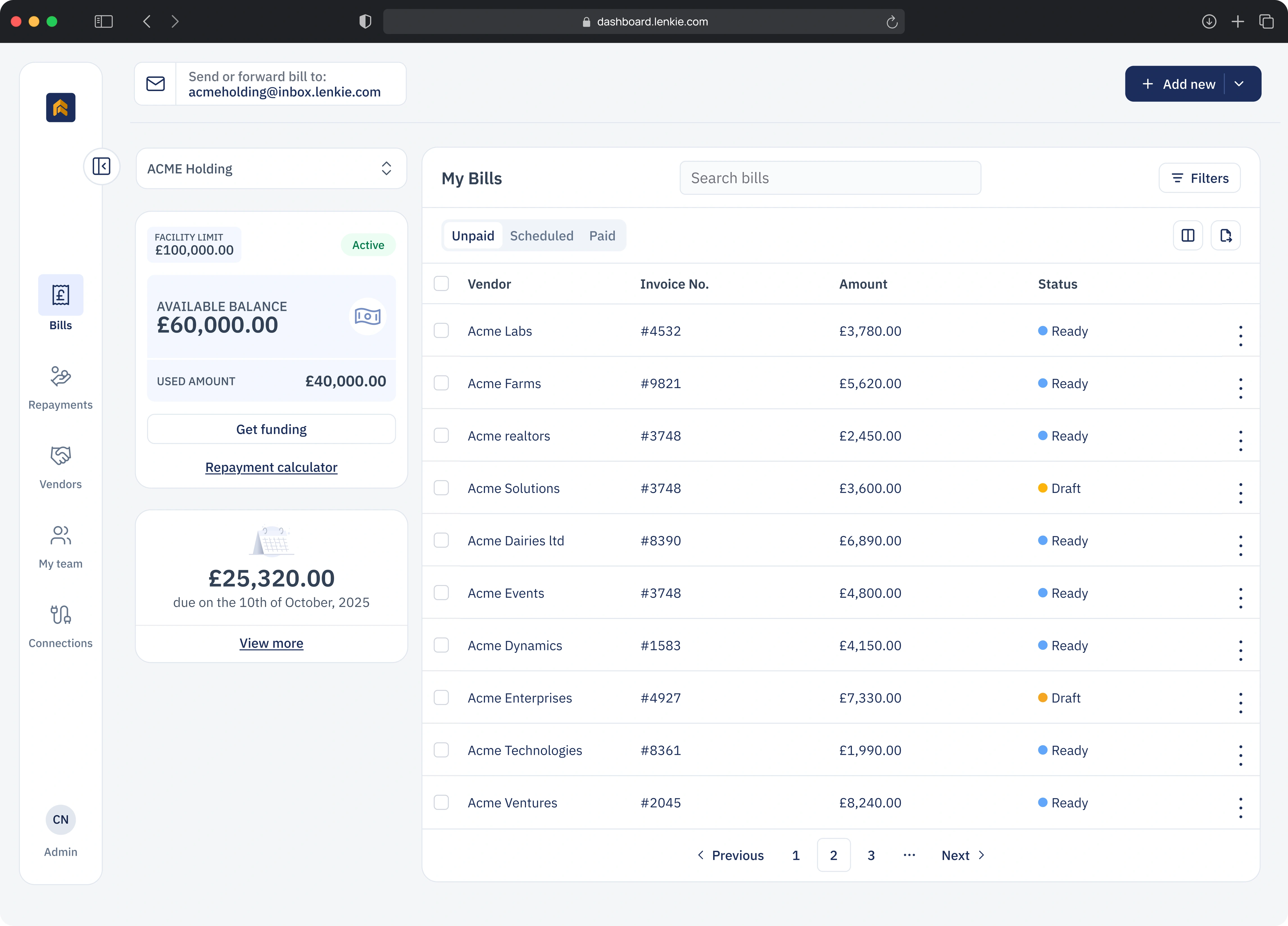 The redesigned dashboard with My Bills as the primary workspace