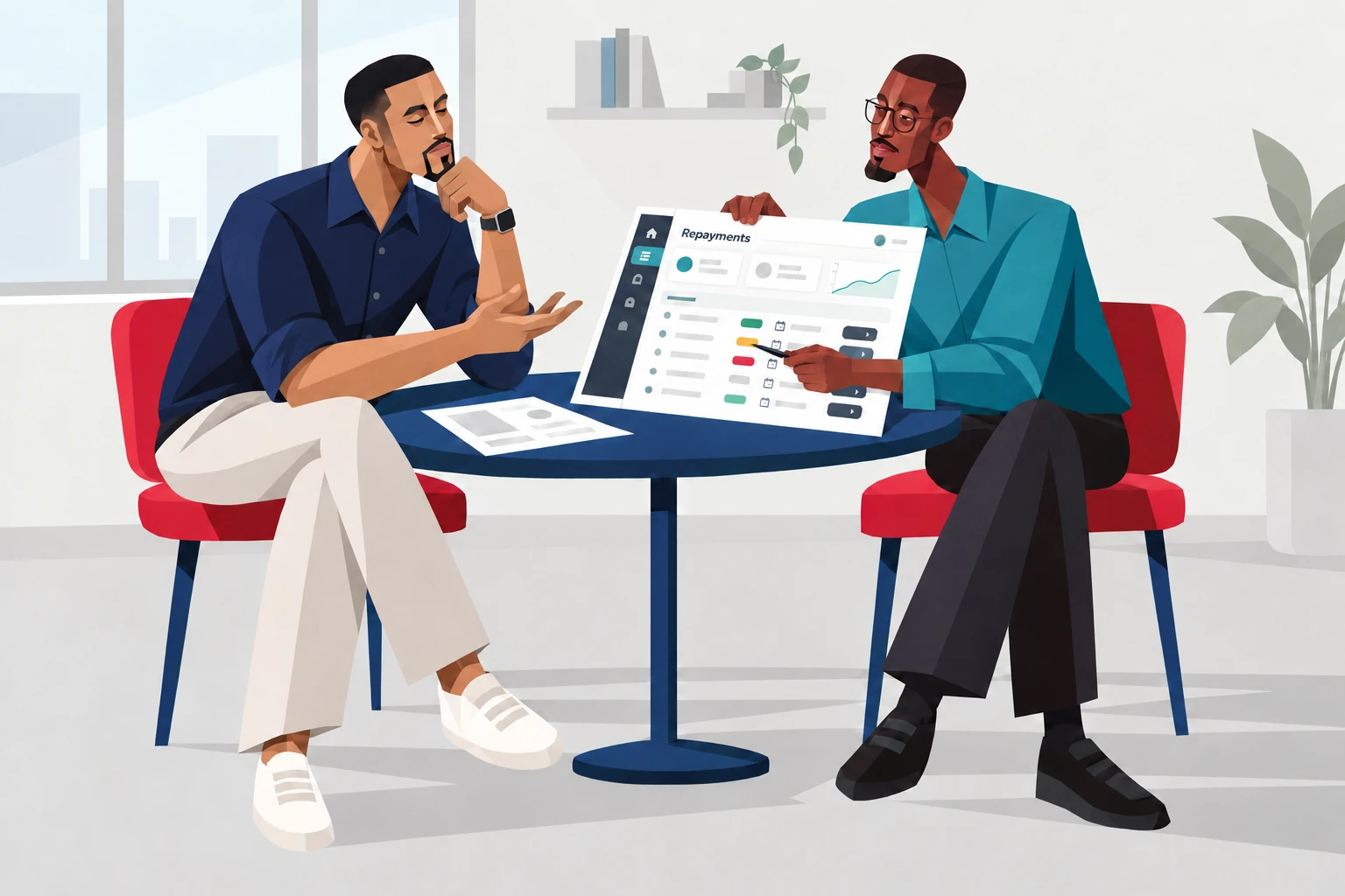 Illustration of Izu and Remy reviewing a repayments dashboard in a light grey office. Remy points to separate status and due-date fields while Izu responds.