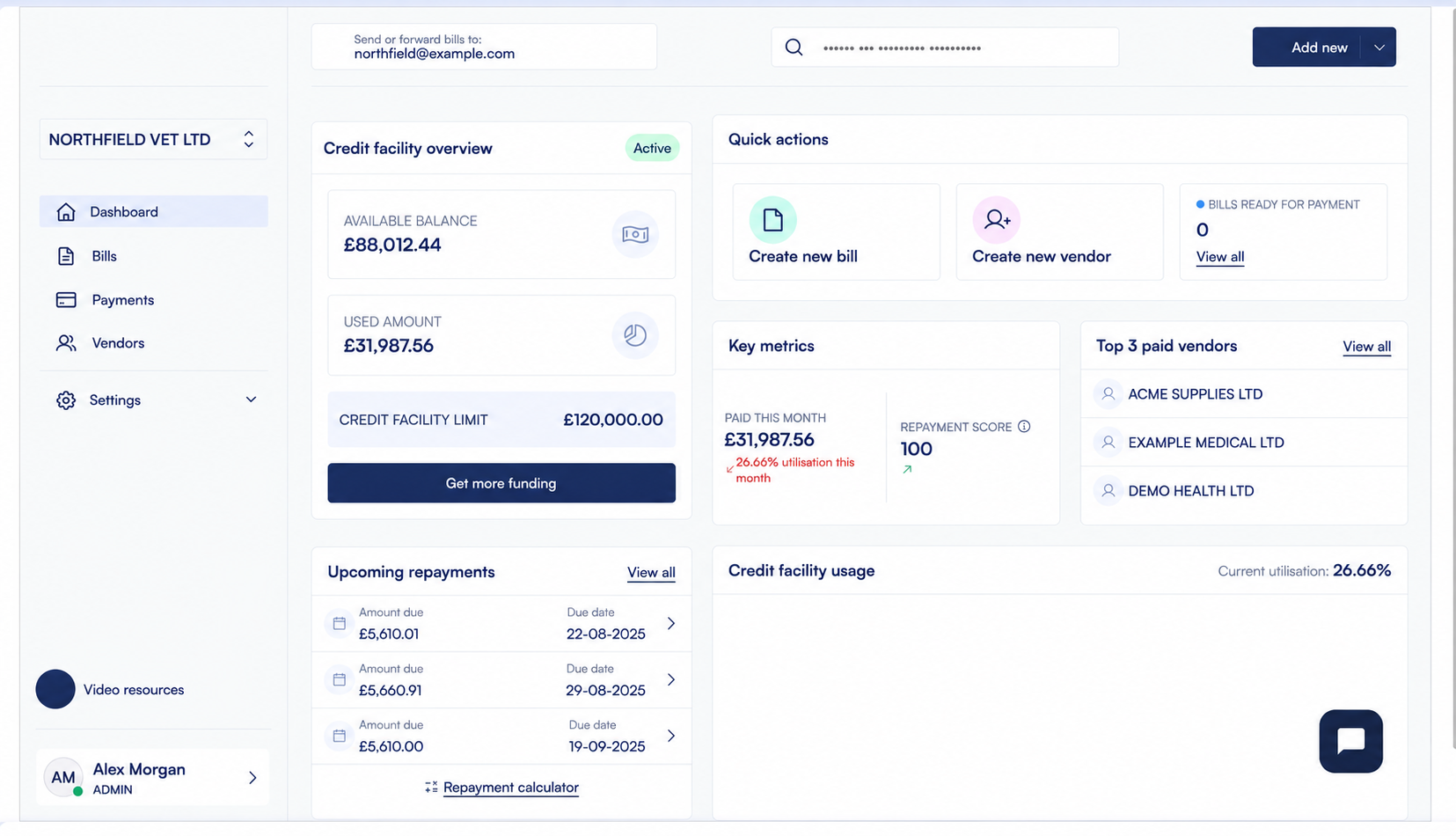 Original Lenkie dashboard showing quick actions and a credit utilisation graph