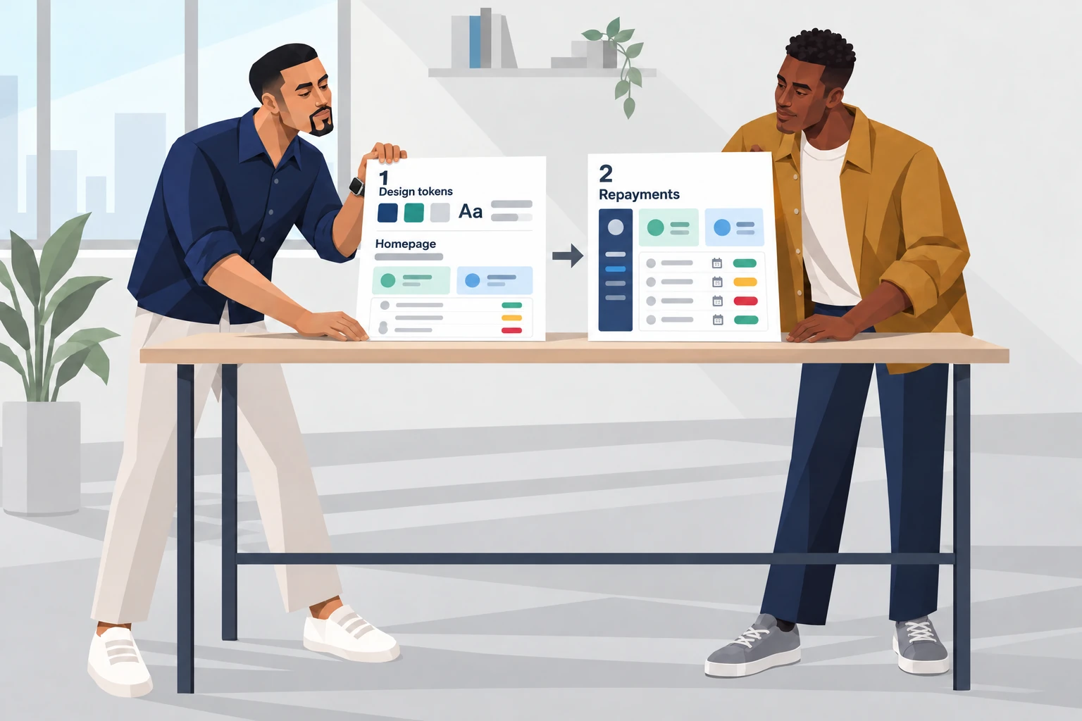Izu and an Engineering colleague arranging two releases: updated design tokens and the new homepage first, followed by repayments.