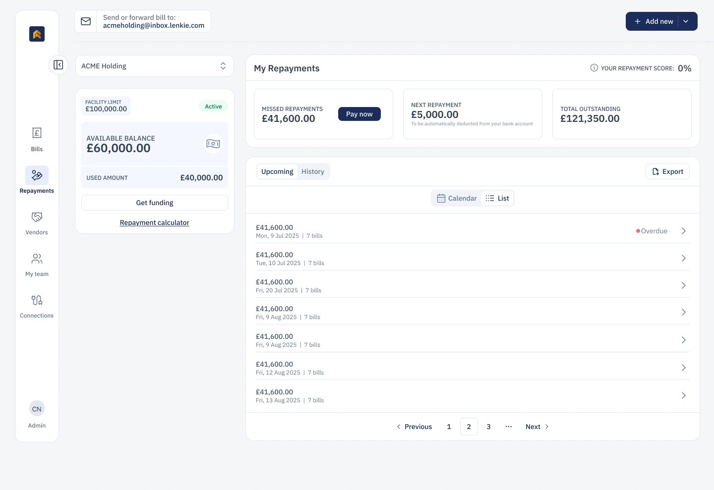 Repayments interface: choose Calendar instead of List, then hide the credit facility panel to expand the calendar across the workspace.