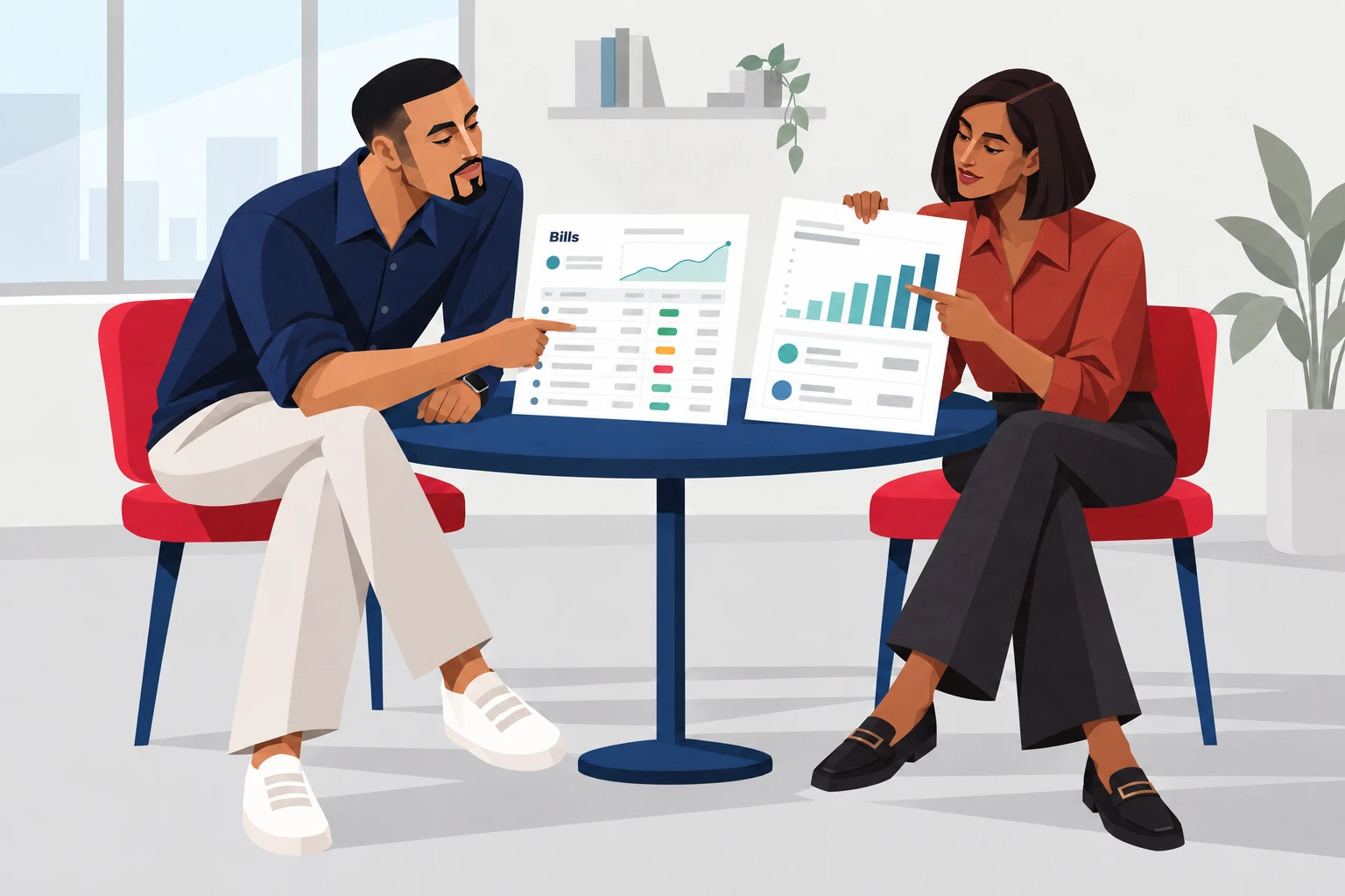 Izu and a Product colleague reviewing a bills workspace with a compact summary alongside a separate detailed report.