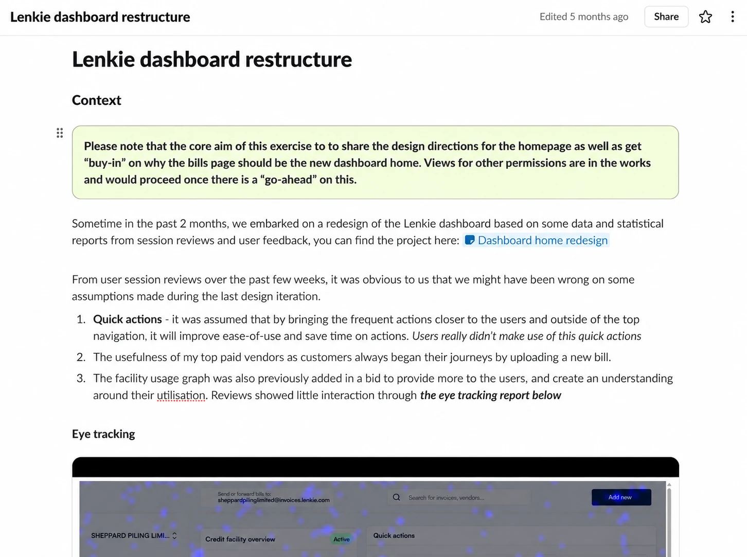 Dashboard restructure proposal explaining why bills should become the home workspace