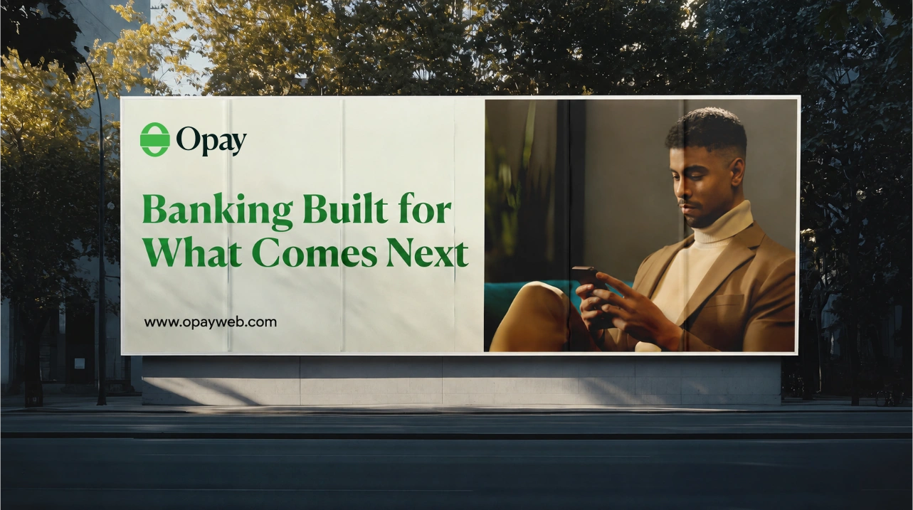 Proposed OPay billboard: Banking Built for What Comes Next, with a customer using his phone