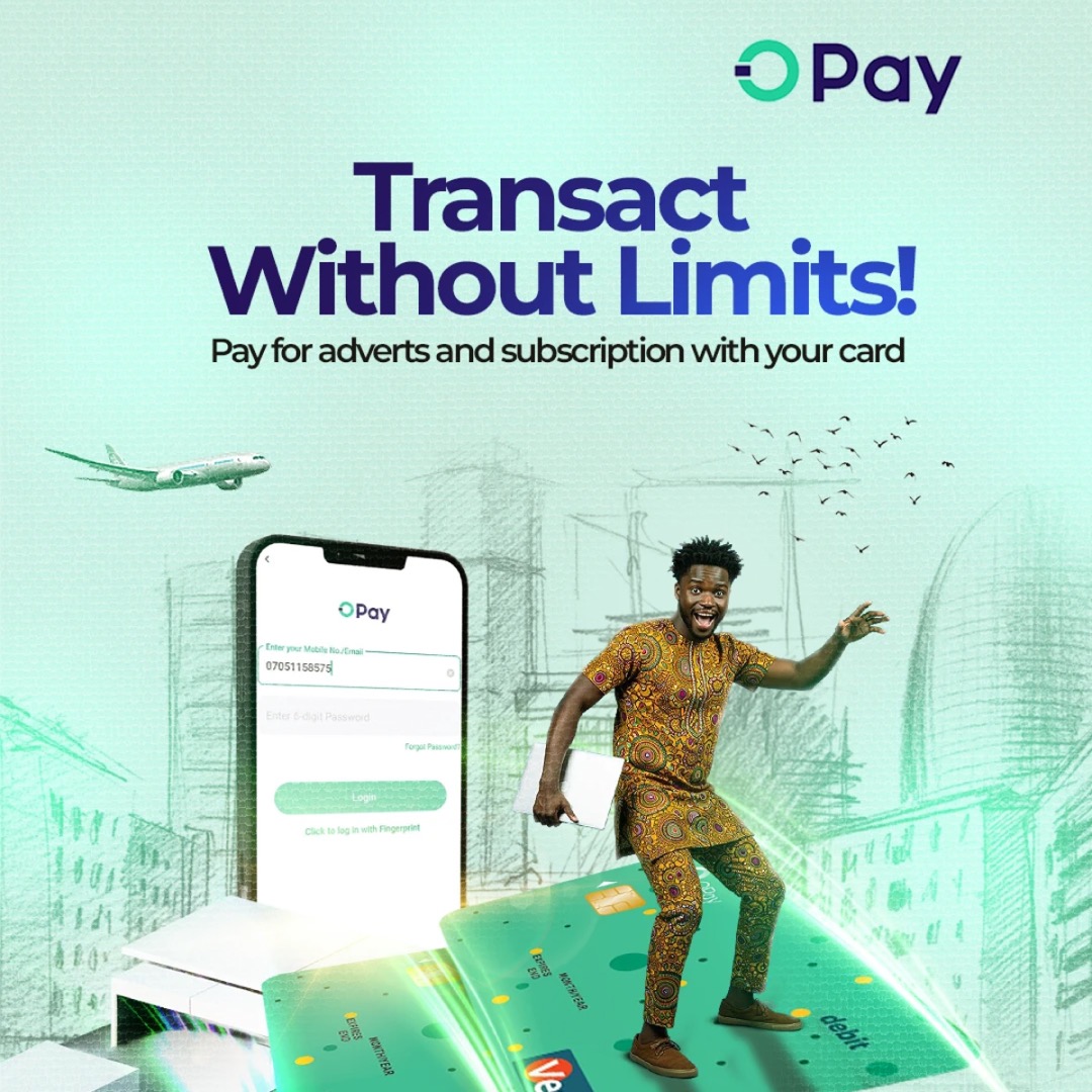 OPay campaign creative featuring a customer, cards, and a phone interface