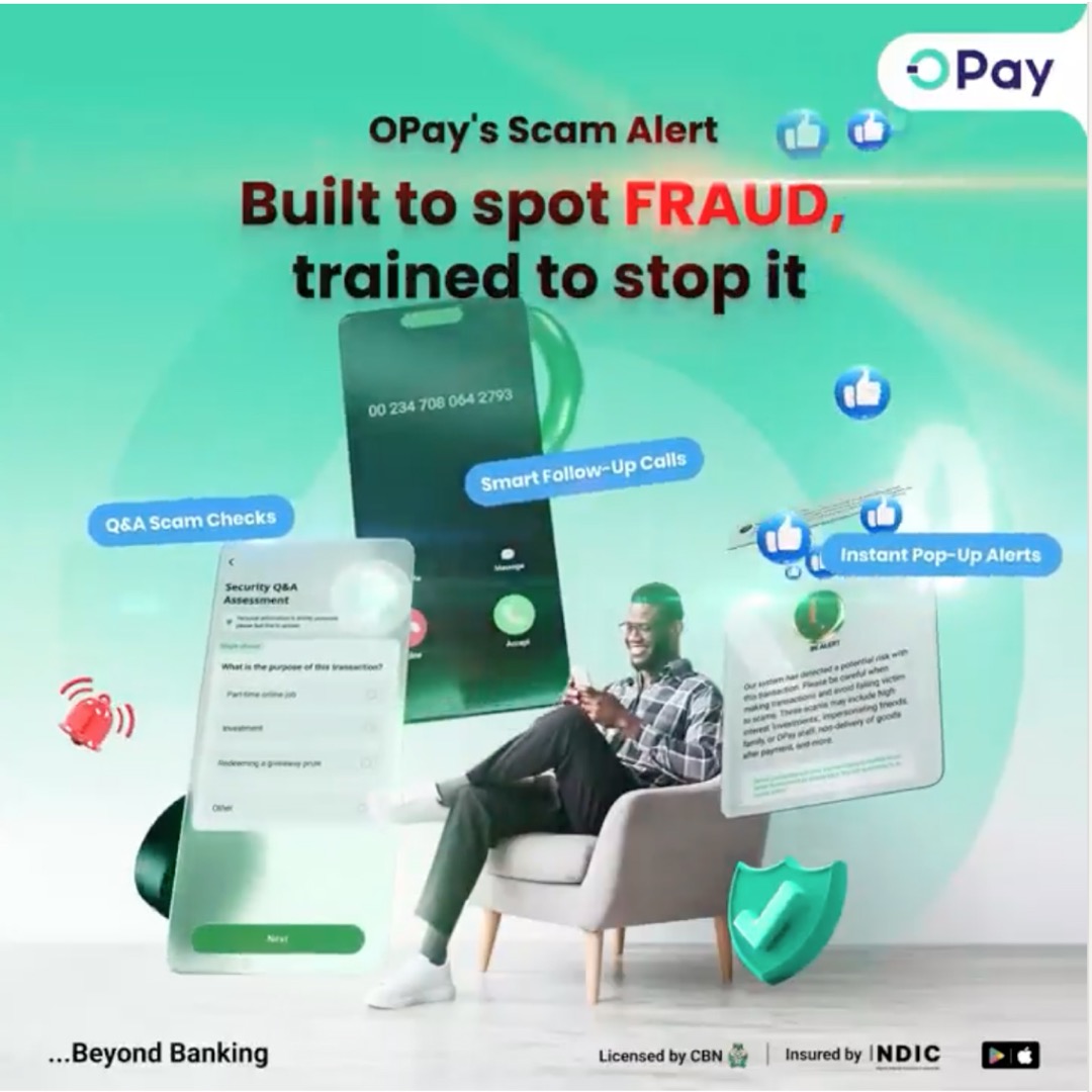 OPay scam alert campaign showing layered fraud-prevention features around a customer