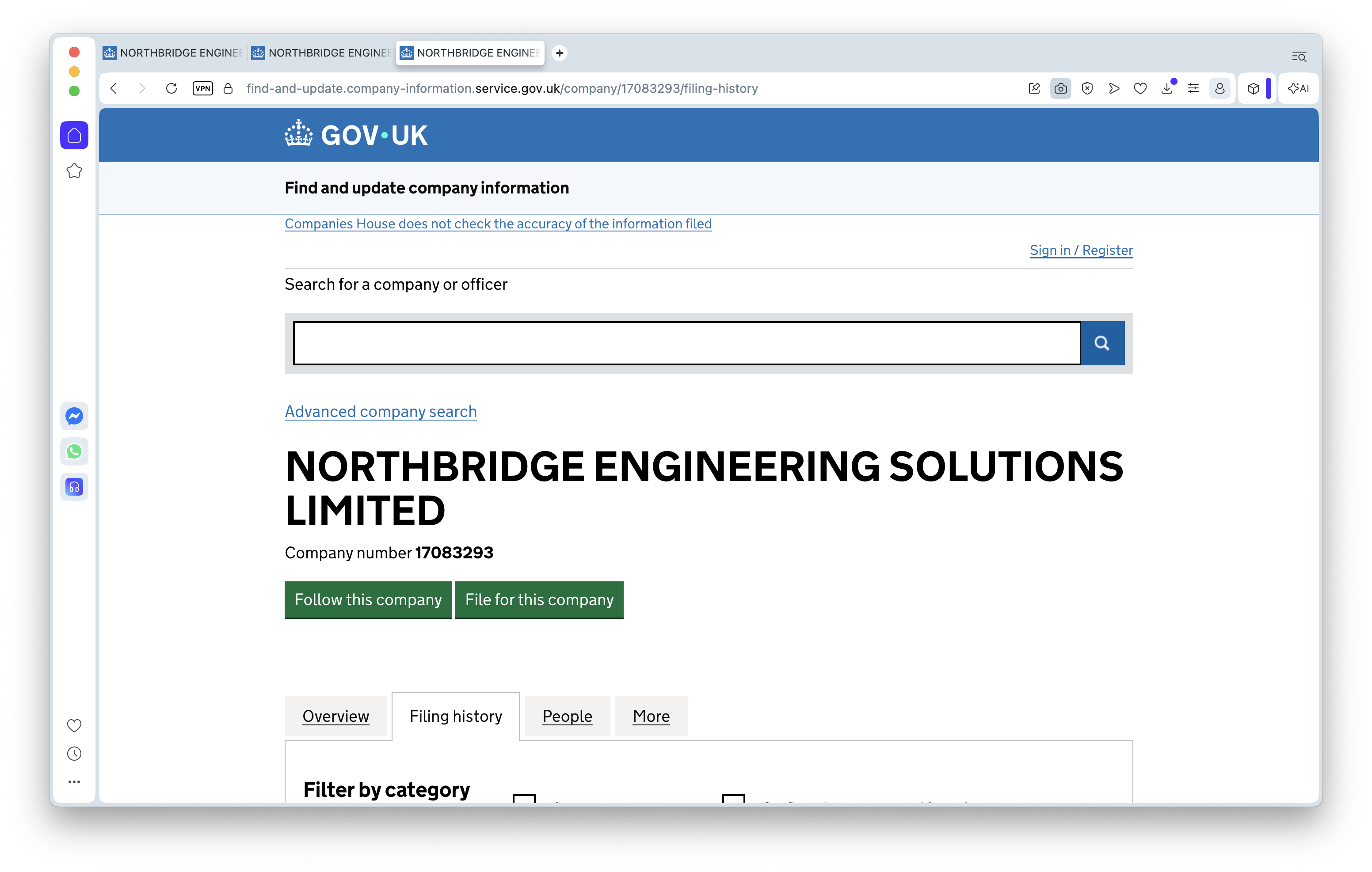 Companies House company record open in a browser with several research tabs