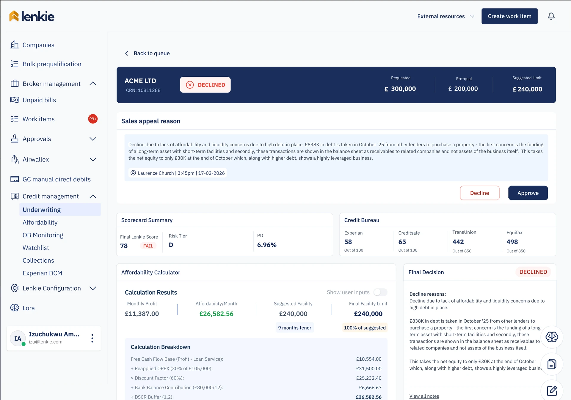 Sales appeal alongside the scorecard, affordability results and decision