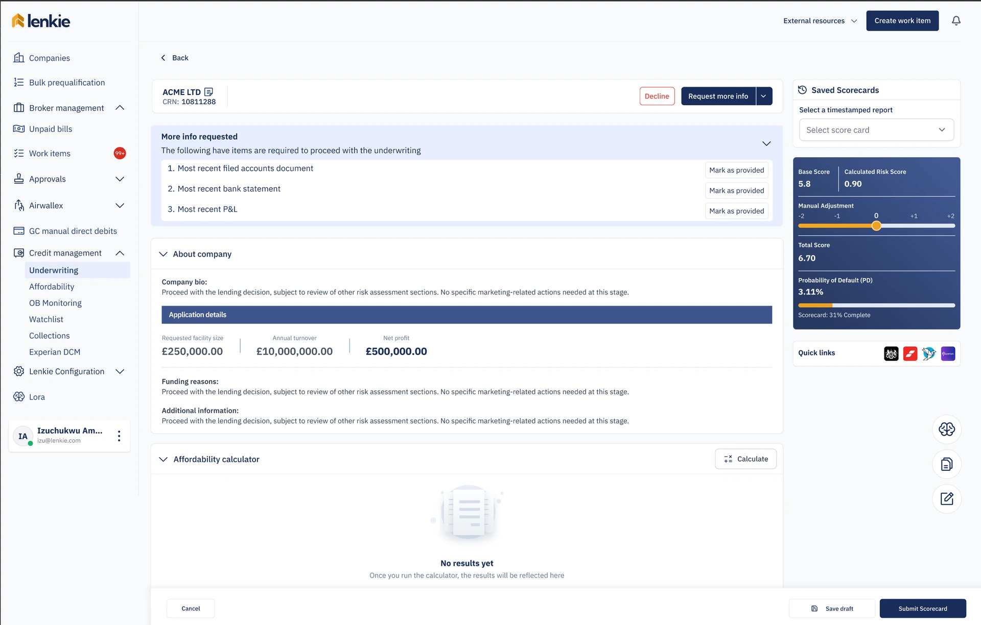 Assessment scorecard with required documents, saved scorecards and risk scoring
