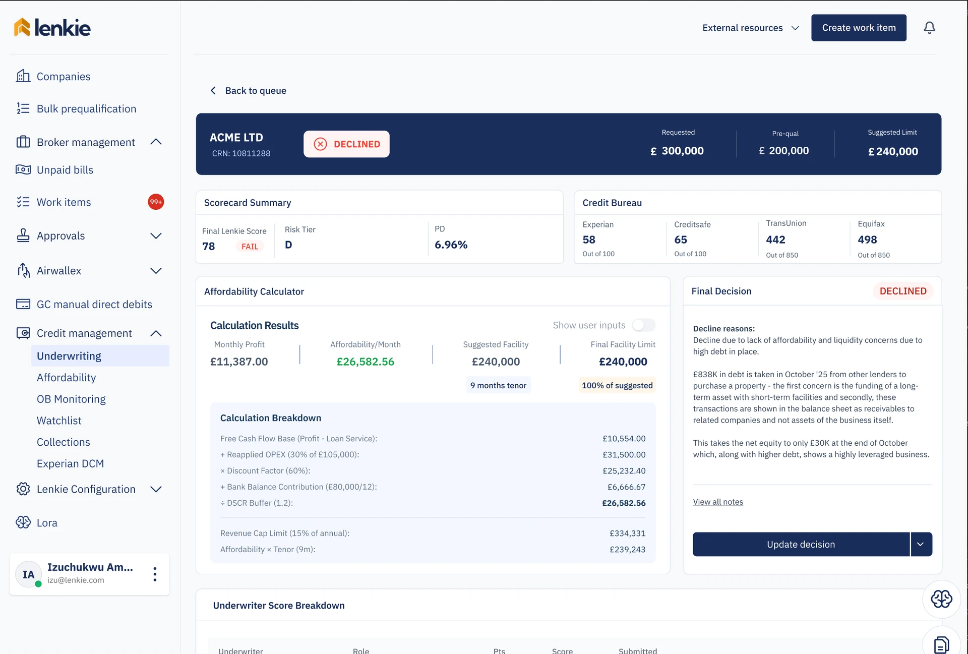 Declined application with affordability calculations and the recorded rationale