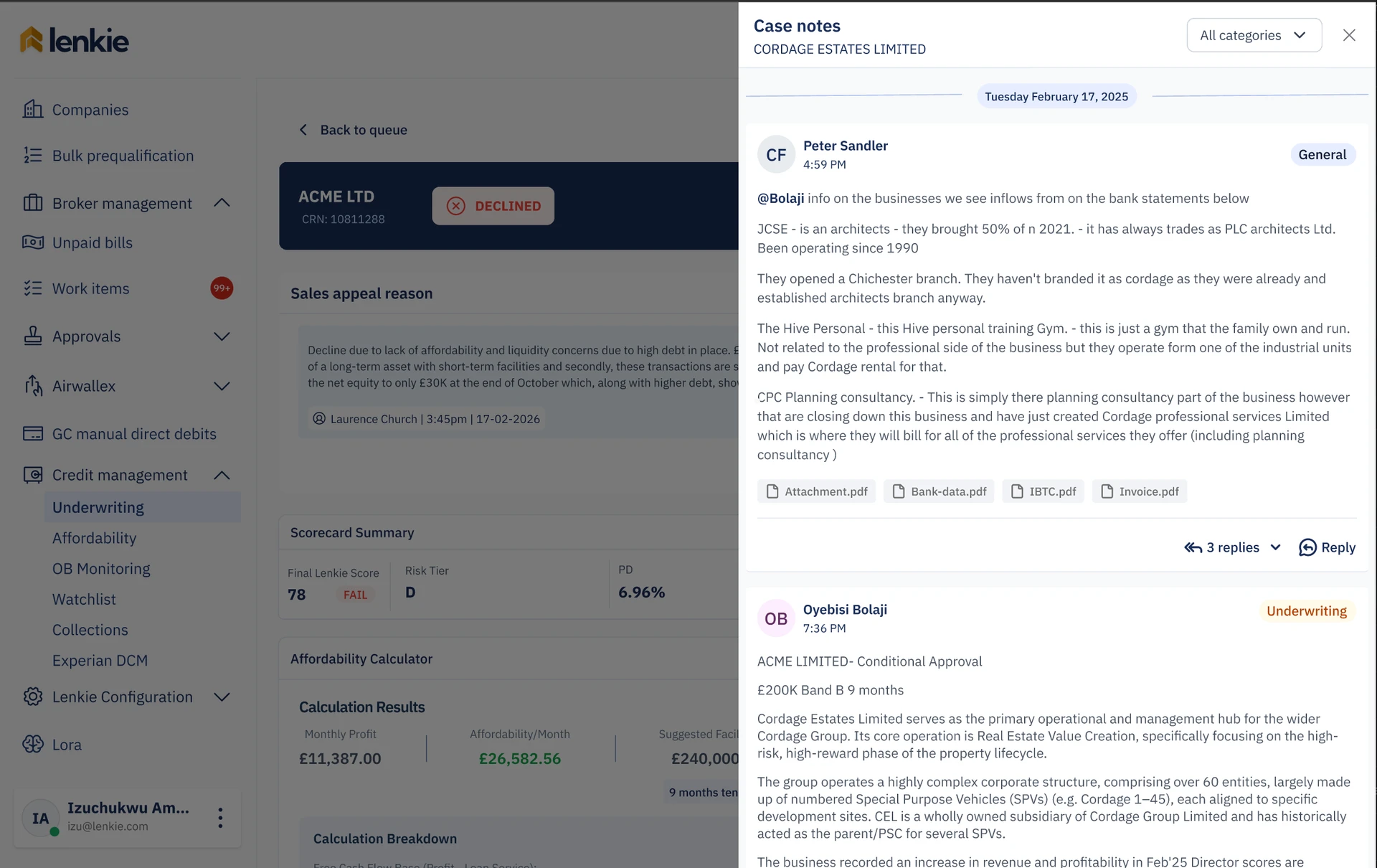 Threaded case notes with replies, attachments and conversation categories
