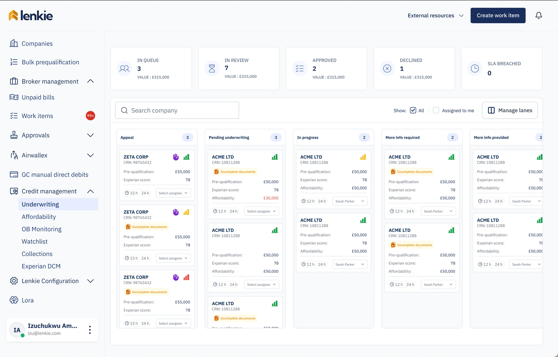 Refined underwriting queue using the Lenkie design system, with application lanes and assigned reviewers