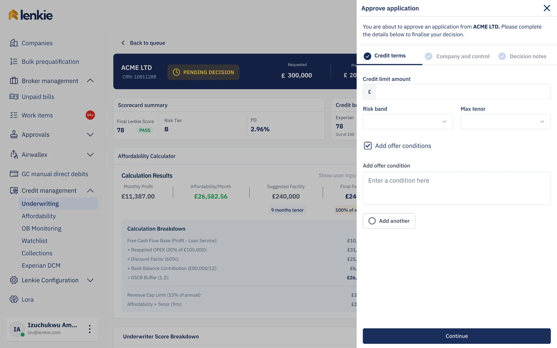 Approval drawer for setting the credit limit, risk band, term and offer conditions