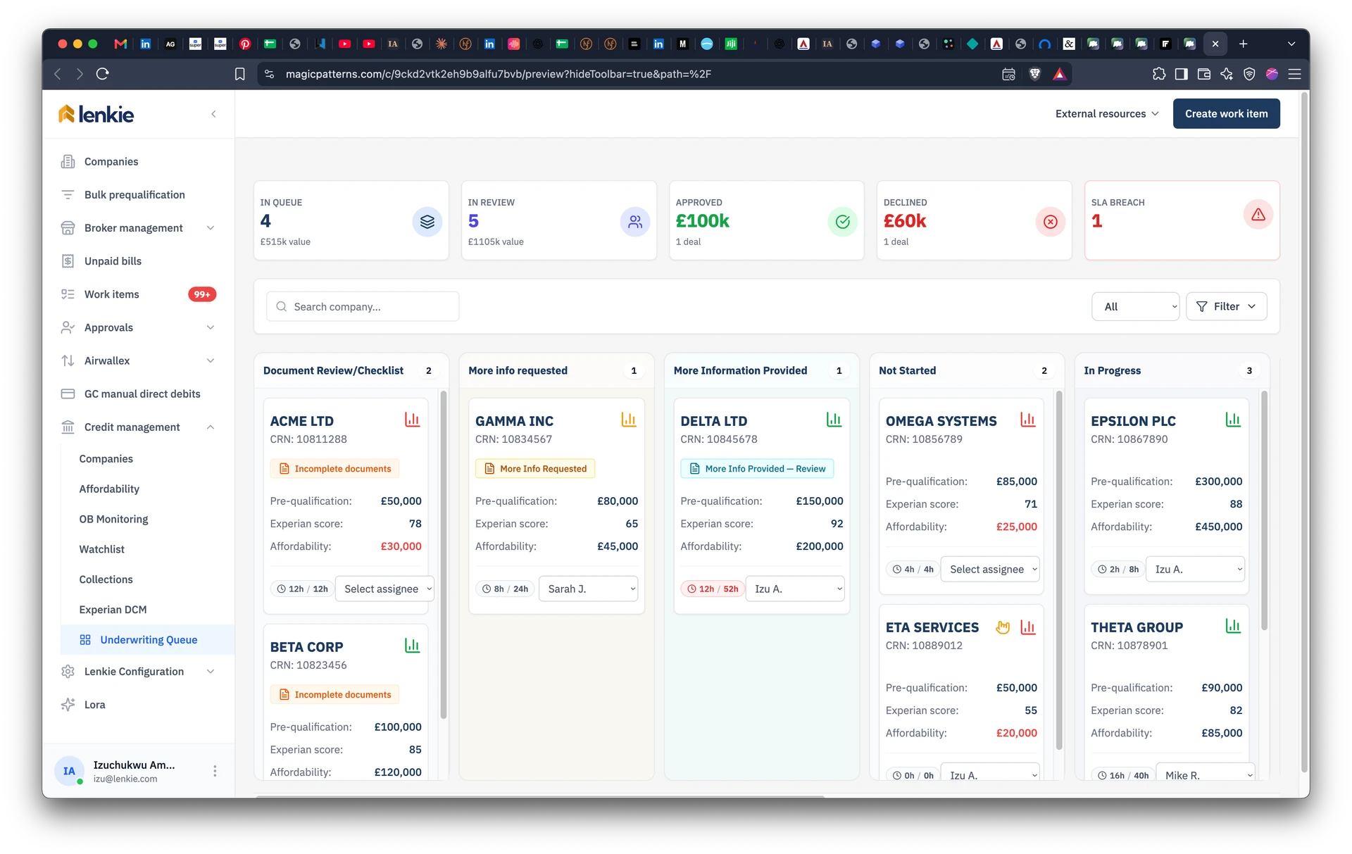 Early underwriting queue prototype in Magic Patterns, before refinement using the Lenkie design system